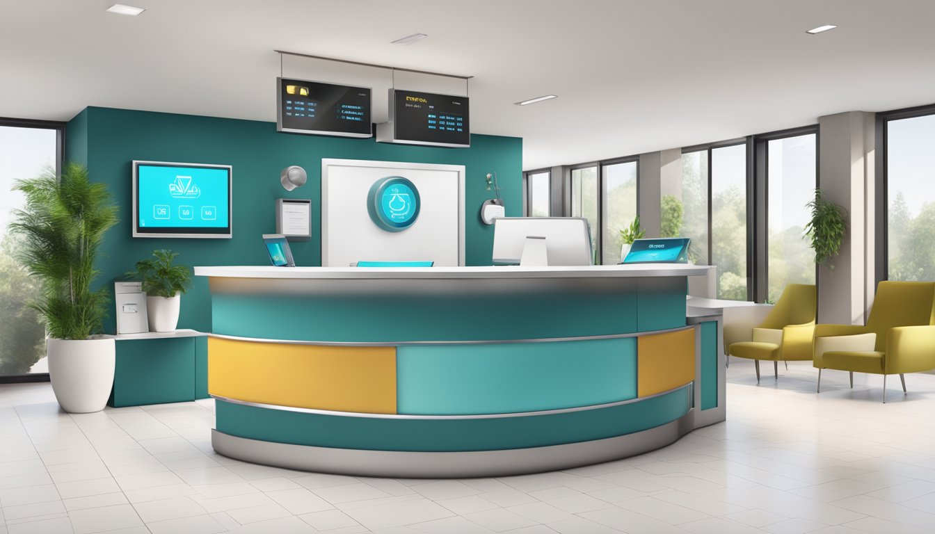 A bright, modern medical concierge desk with a sleek logo, a friendly receptionist, and a digital display of opening hours and contact information