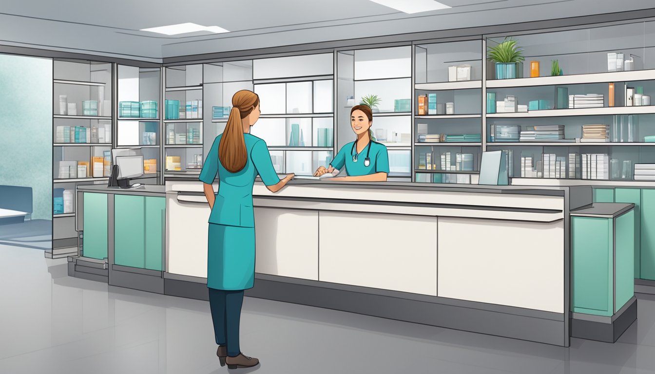 A medical concierge desk with a receptionist assisting a patient. Medical equipment and supplies are neatly organized on shelves in the background