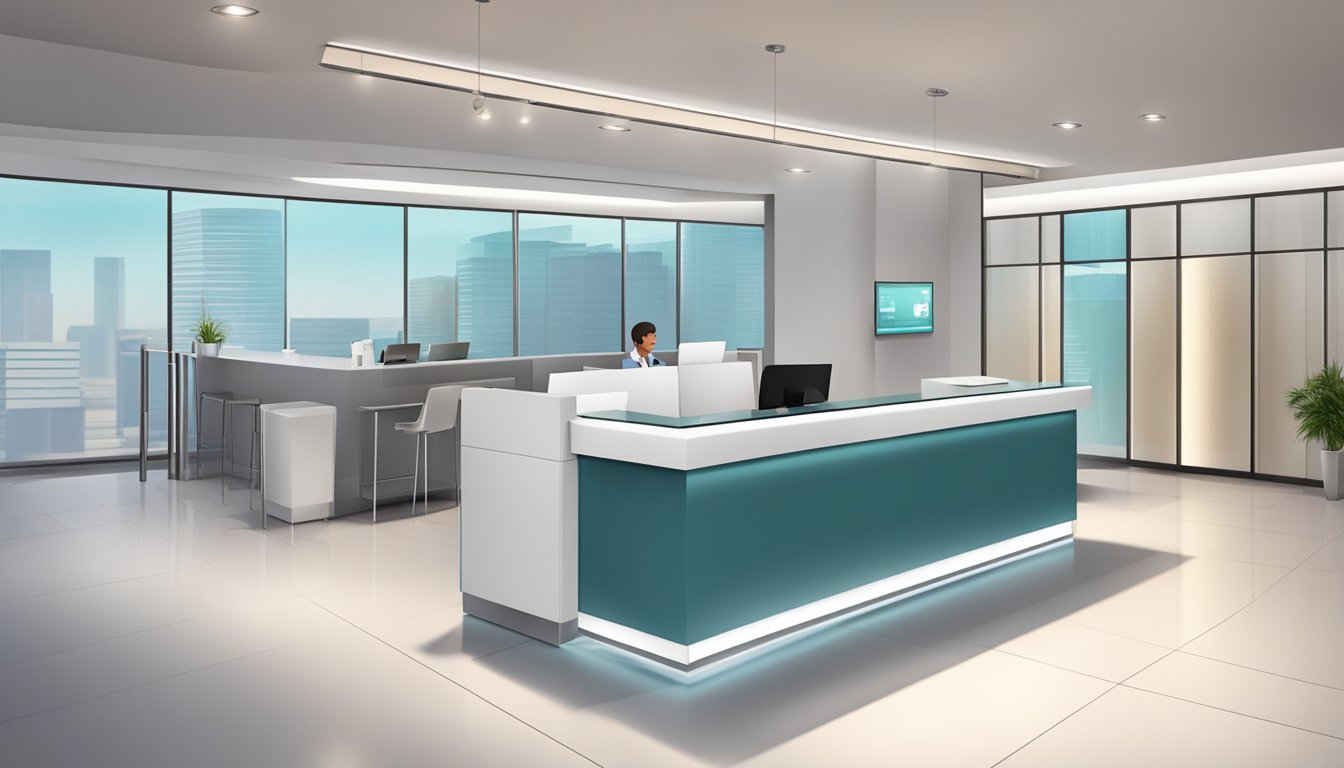 A modern medical concierge desk with a sleek design and professional staff assisting customers