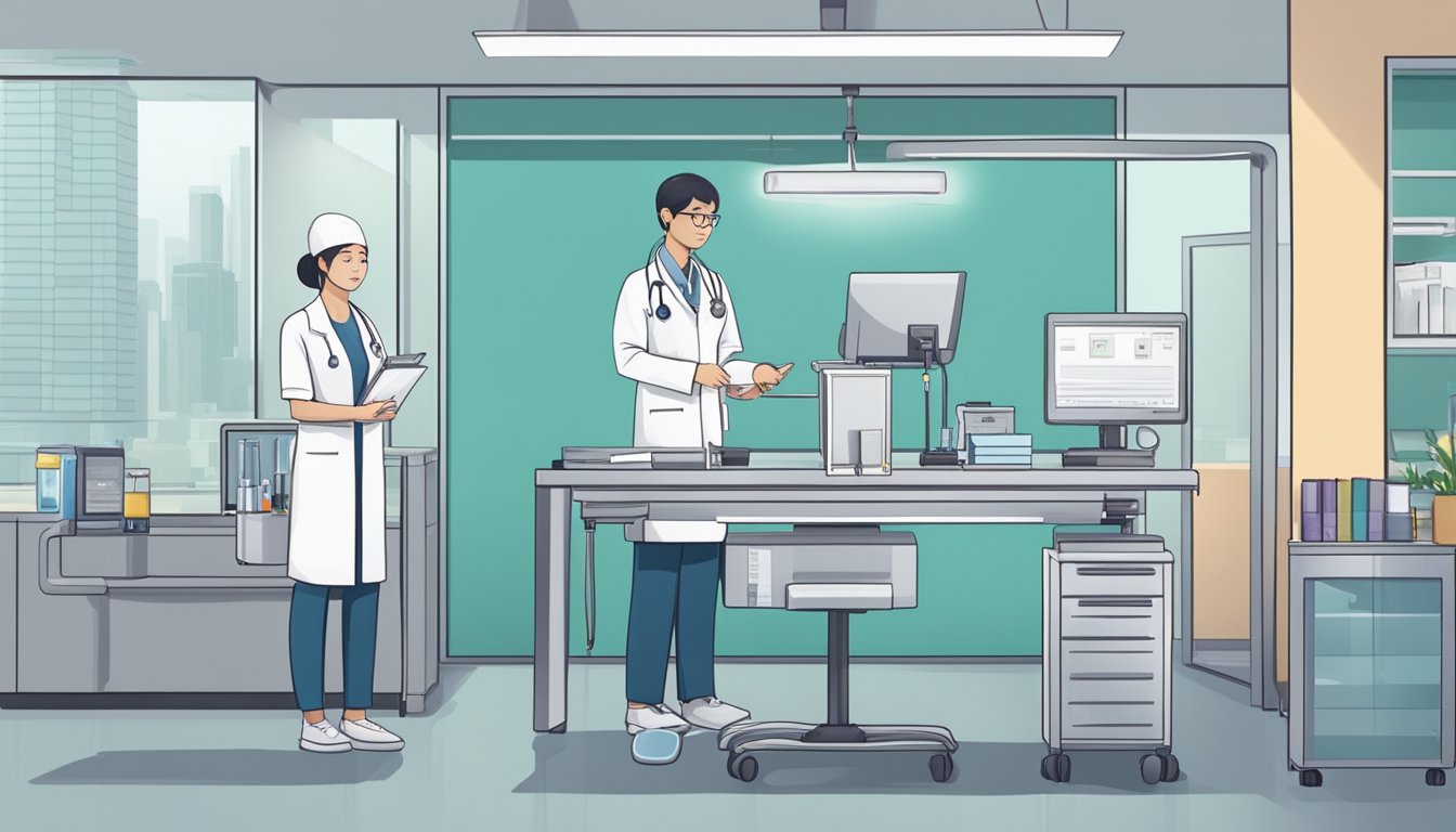 A medical professional conducts health screening at a Singapore clinic, surrounded by modern equipment and a calming atmosphere
