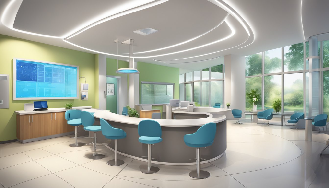 A modern medical facility with state-of-the-art equipment and a welcoming reception area. The atmosphere is calm and professional, with friendly staff ready to assist