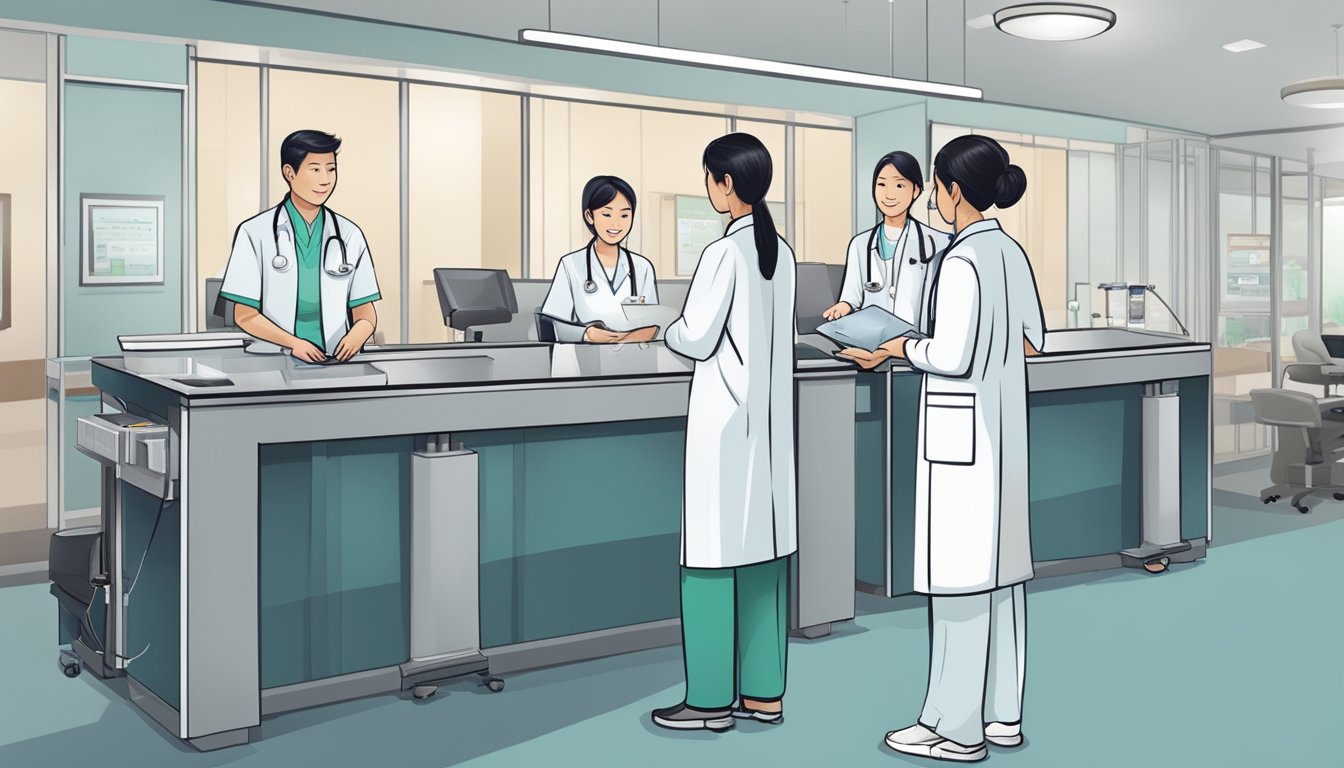 A medical concierge conducting health screenings in Singapore, with medical equipment and staff assisting patients in a modern and professional setting