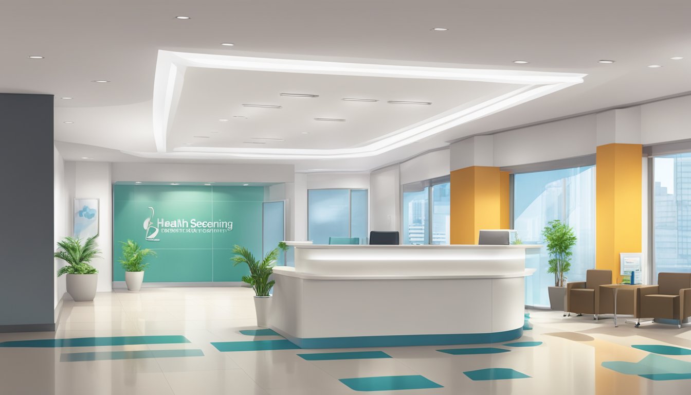 A bright, modern medical facility with a sleek reception desk and comfortable waiting area. The sign "Health Screening Singapore" is prominently displayed