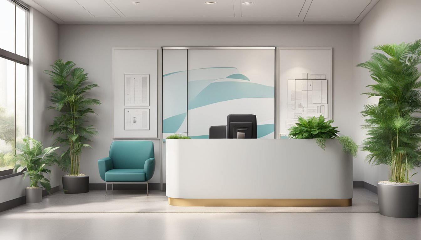 A modern medical concierge office with sleek furniture, a reception desk, and a waiting area with plants and comfortable seating