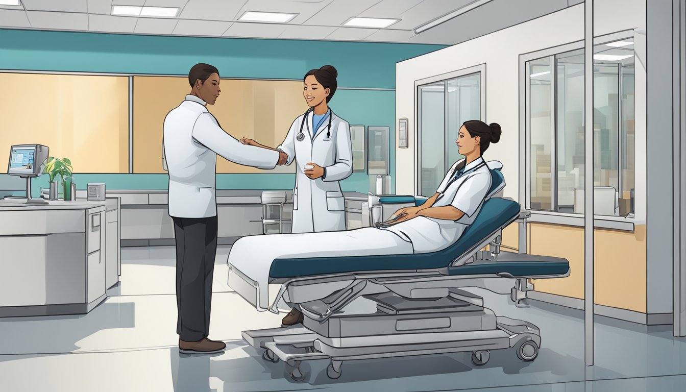 A medical concierge assists a patient in a modern, well-equipped facility
