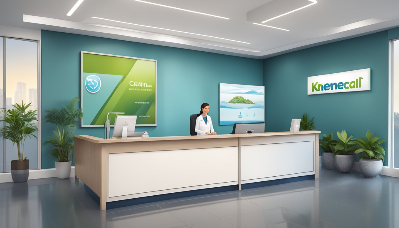 A modern medical concierge office with sleek furniture, a friendly receptionist, and a calming atmosphere. The logo "KHMerMedical" is prominently displayed