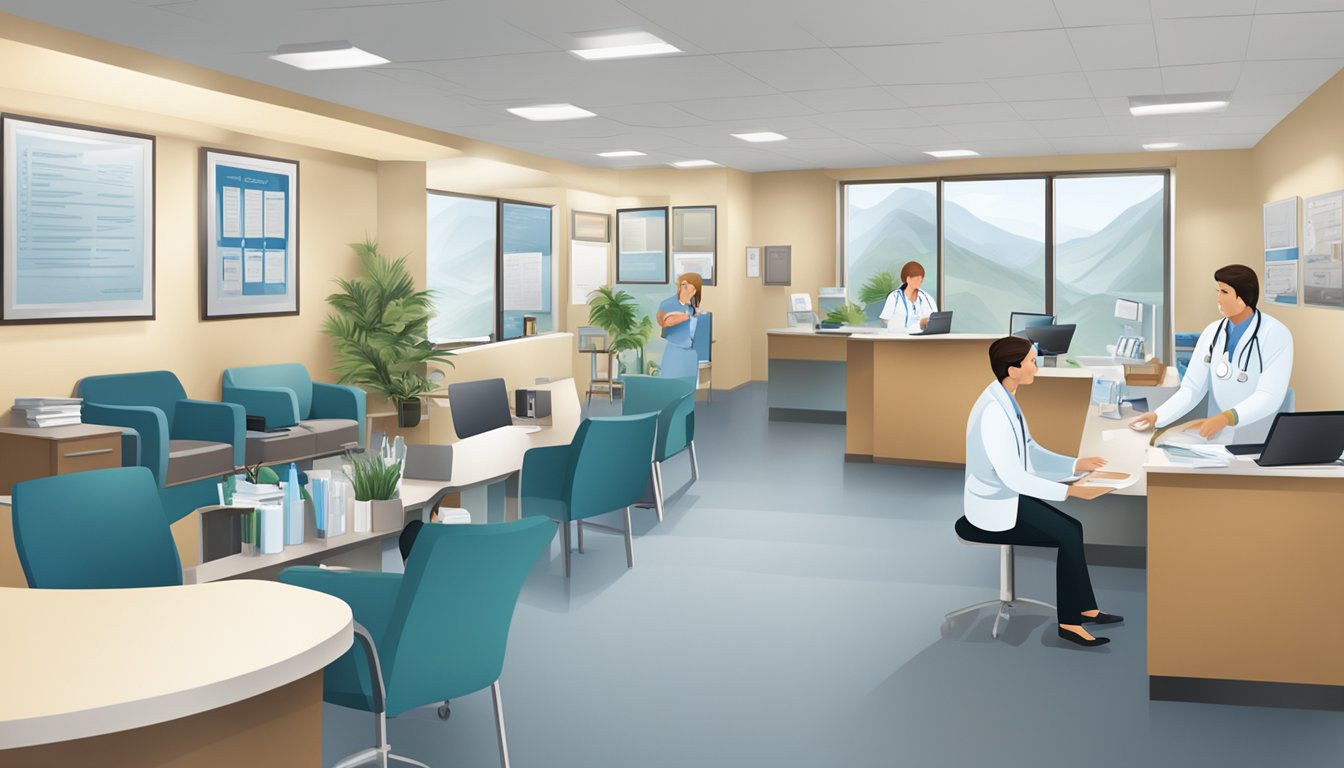 A busy medical concierge office with staff assisting clients and answering questions. Signs and brochures with medical information are displayed prominently