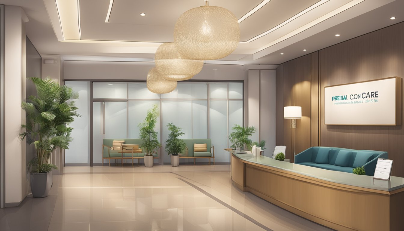 A serene waiting room with modern decor, soft lighting, and comfortable seating. A reception desk with friendly staff and a sign displaying "Premium Care - Medical Concierge SG"