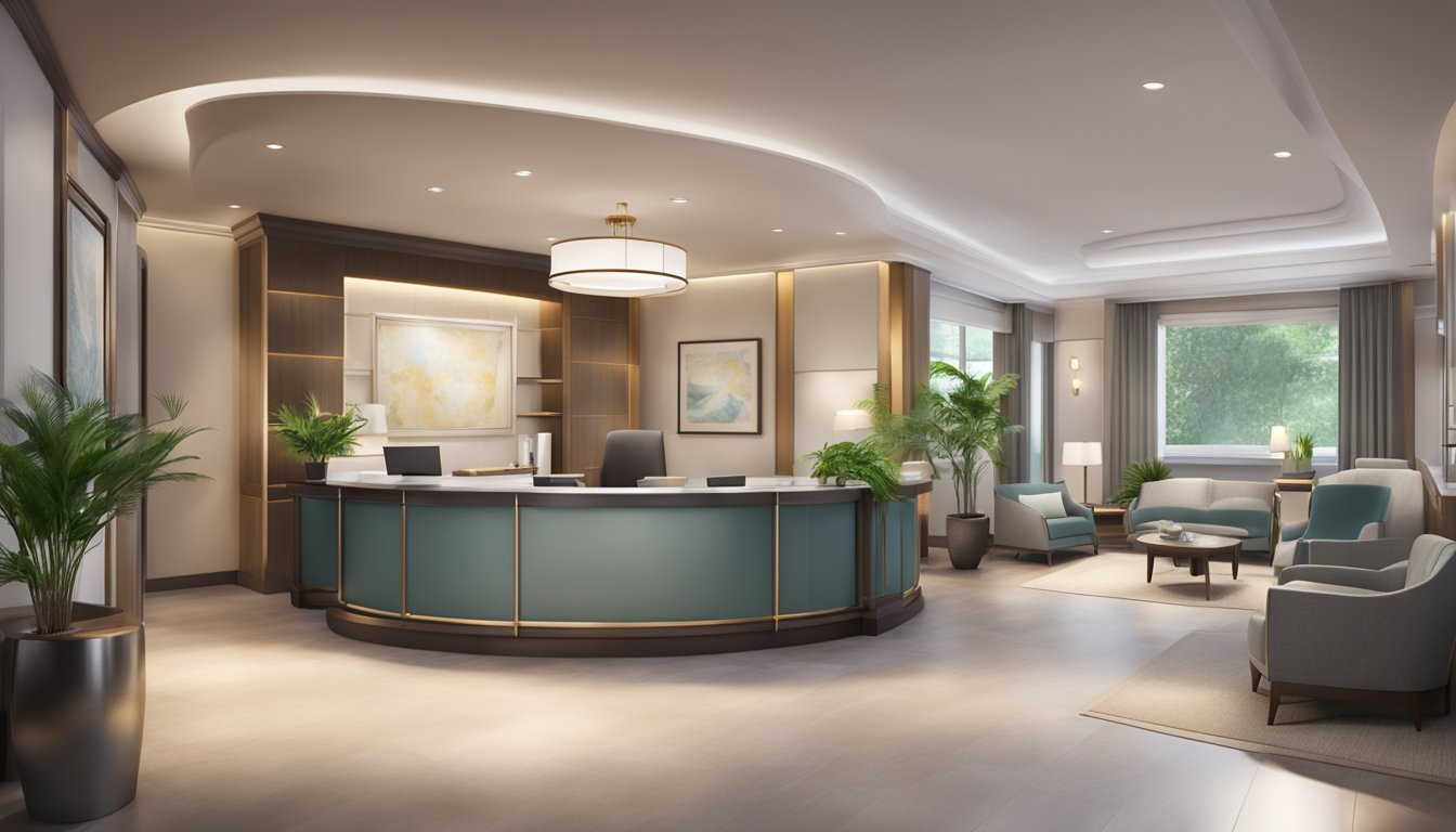 A luxurious medical concierge office with modern decor, comfortable seating, and a professional reception desk. Soft lighting and calming ambiance create a welcoming atmosphere