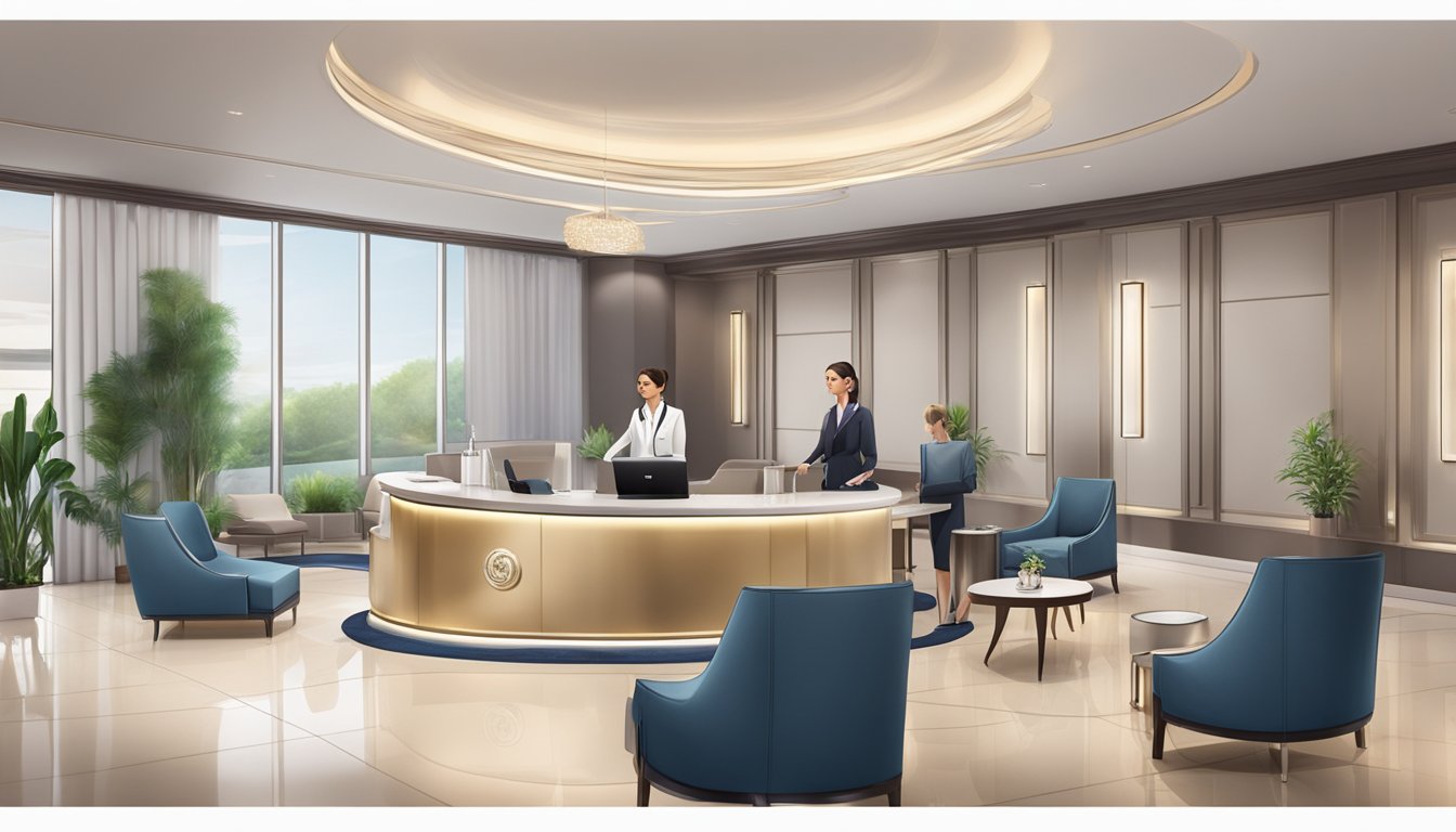 A luxurious medical concierge service, with a sleek and modern reception area, comfortable seating, and professional staff assisting clients