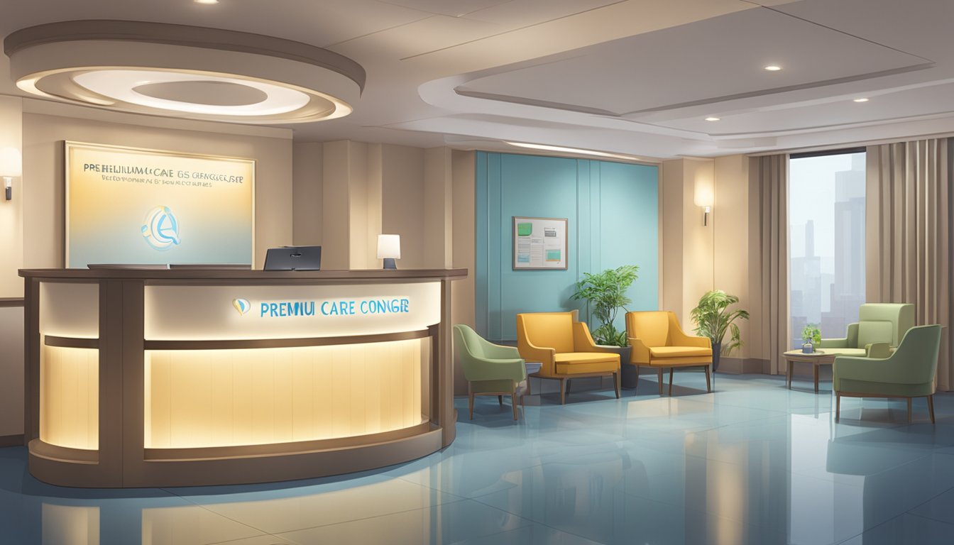 A serene waiting room with modern furniture and soft lighting, a reception desk with a friendly staff member, and a sign displaying "Premium Care - Medical Concierge SG" in elegant lettering