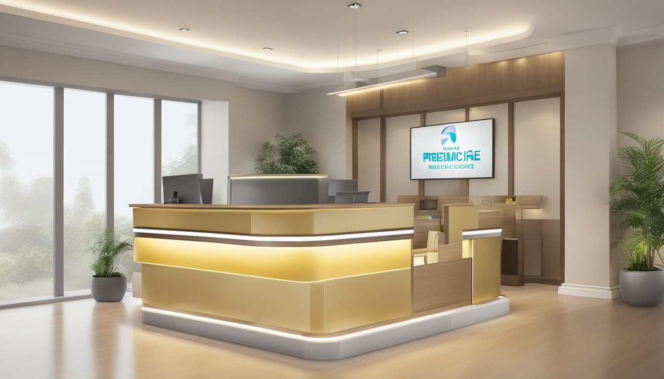 A welcoming reception desk with a sign displaying "Premium Care - Medical Concierge SG" and the opening hours. A warm and inviting atmosphere with comfortable seating and a professional ambiance