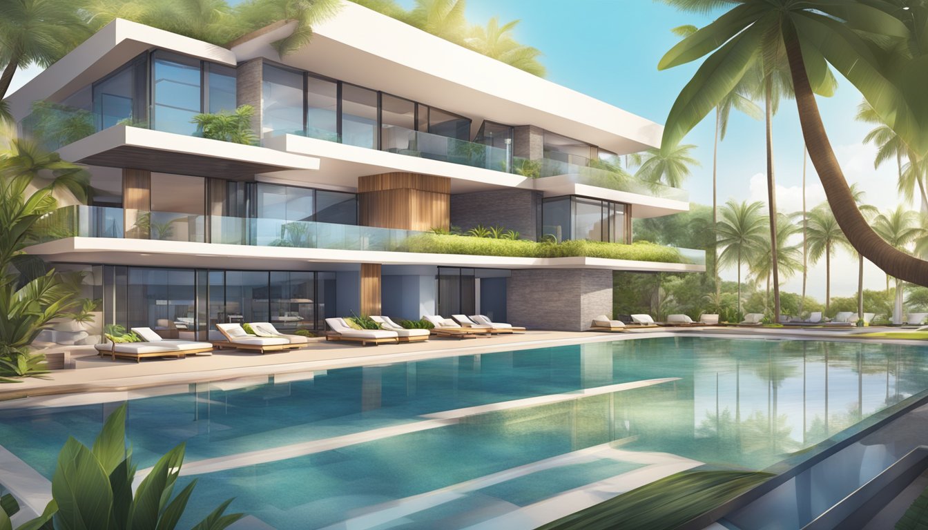 A luxurious spa club nestled along Beach Road, with sleek modern architecture and lush tropical landscaping