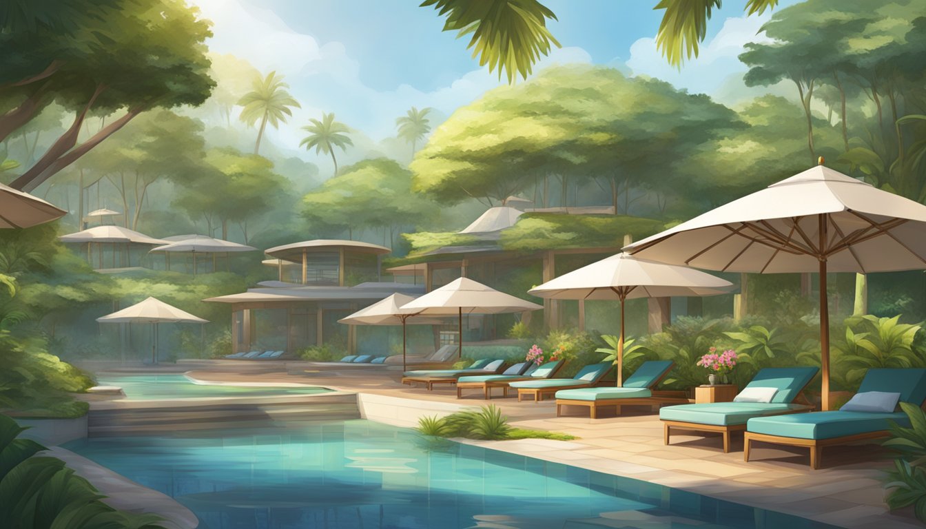 A serene spa club nestled along Beach Road, with lush greenery and a tranquil pool surrounded by comfortable lounge chairs and umbrellas