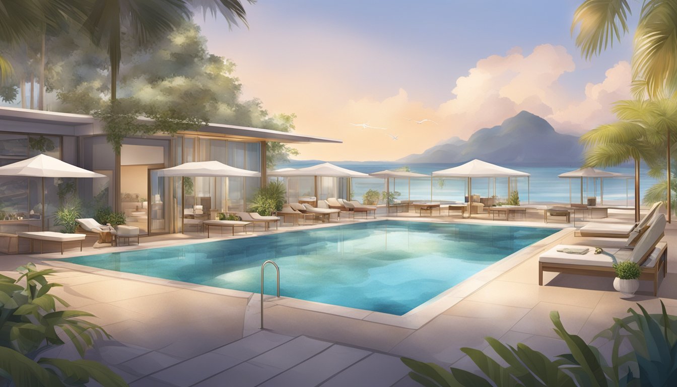 The scene depicts a tranquil spa club at Beach Road, with a focus on medical concierge services offered by SG Review