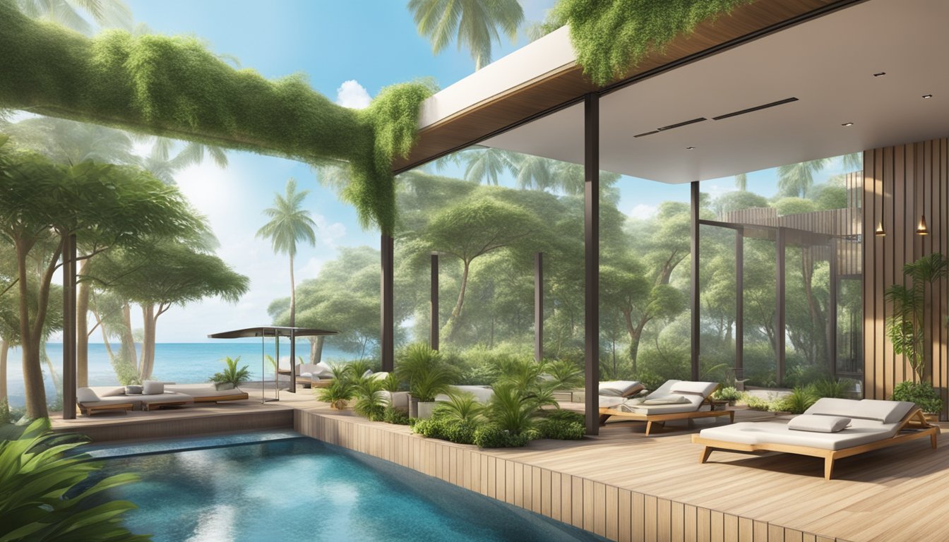 A serene spa club at Beach Road, with modern architecture and lush greenery, exudes a tranquil atmosphere