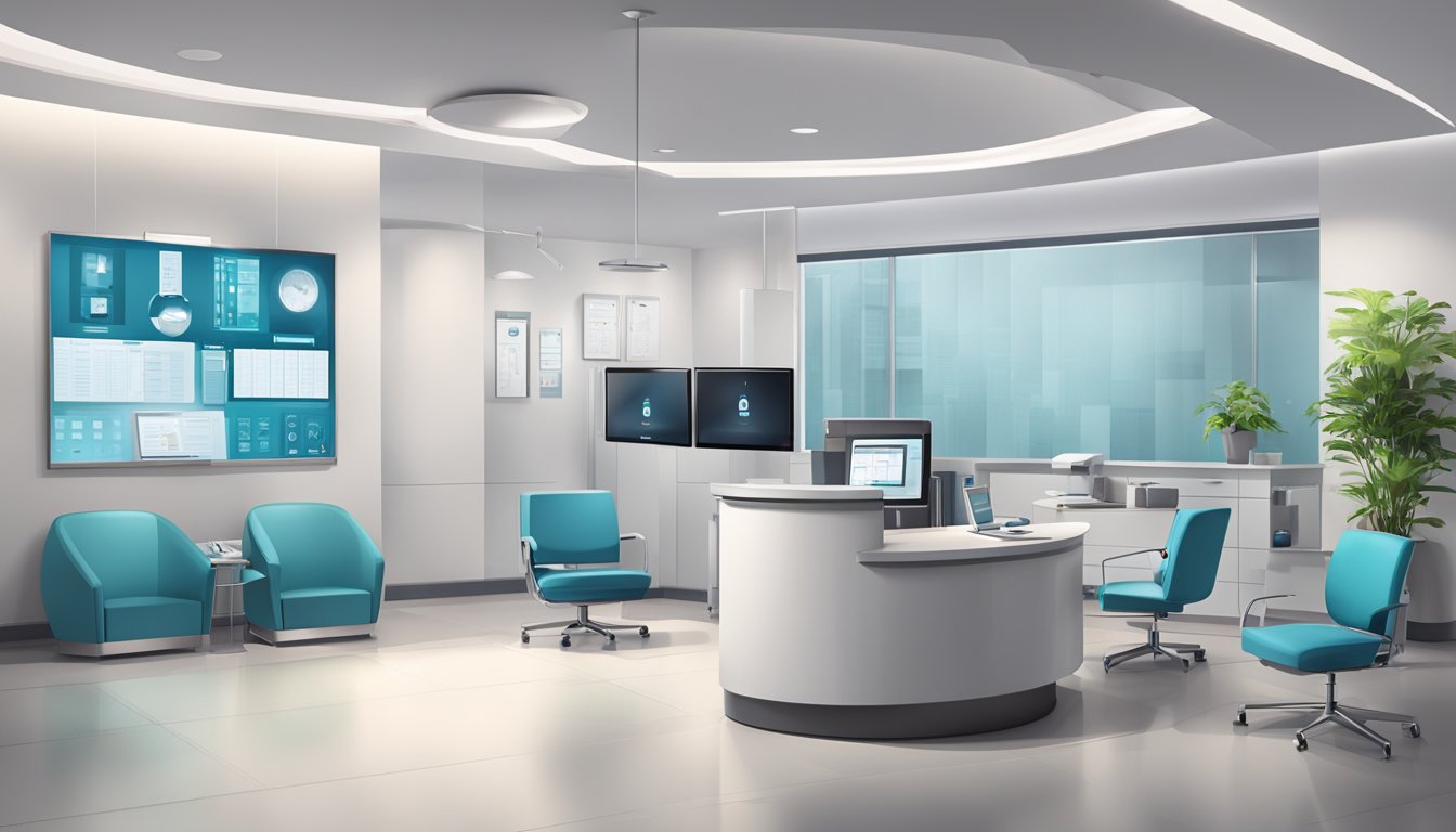 A modern, sleek medical concierge office with iconic hematology equipment and technology. Clean lines, calming colors, and a professional atmosphere