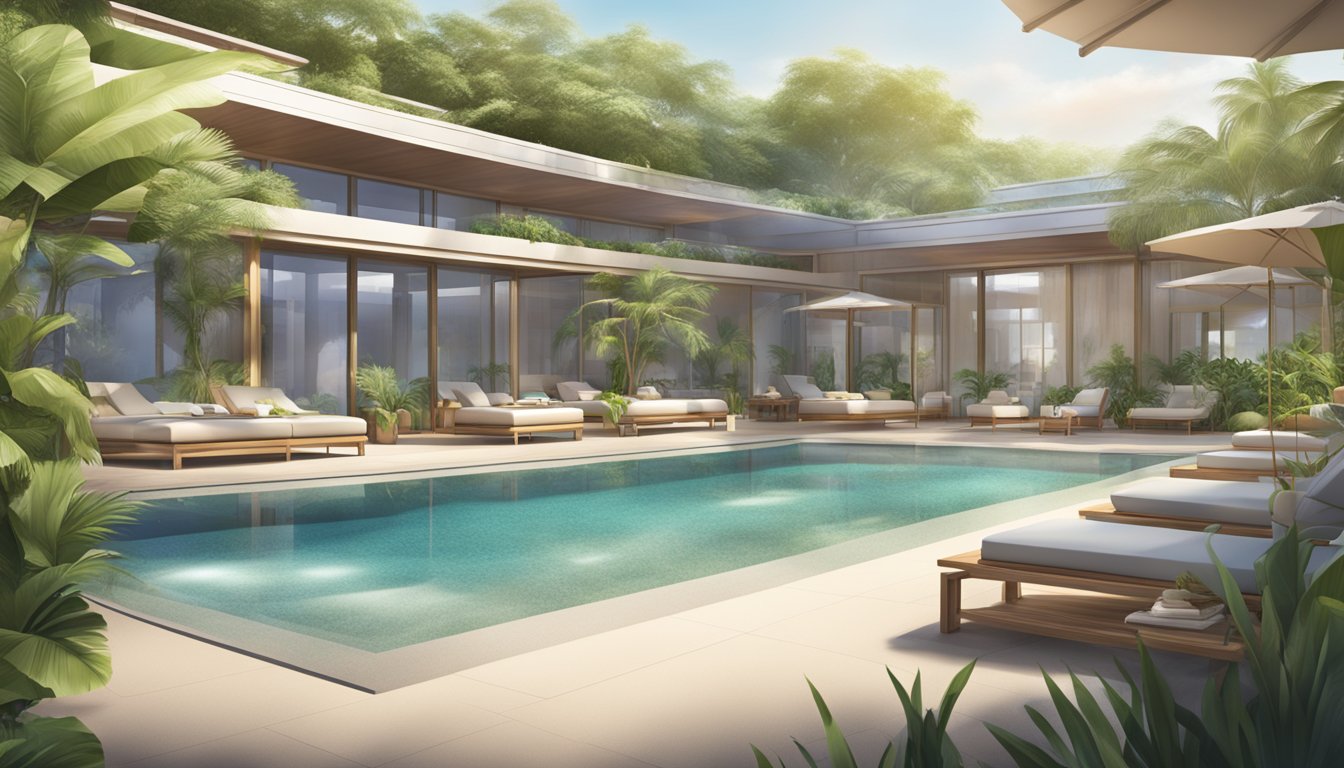 A serene beachside spa club with lush greenery, a tranquil pool, and modern architecture, offering a peaceful retreat for guests