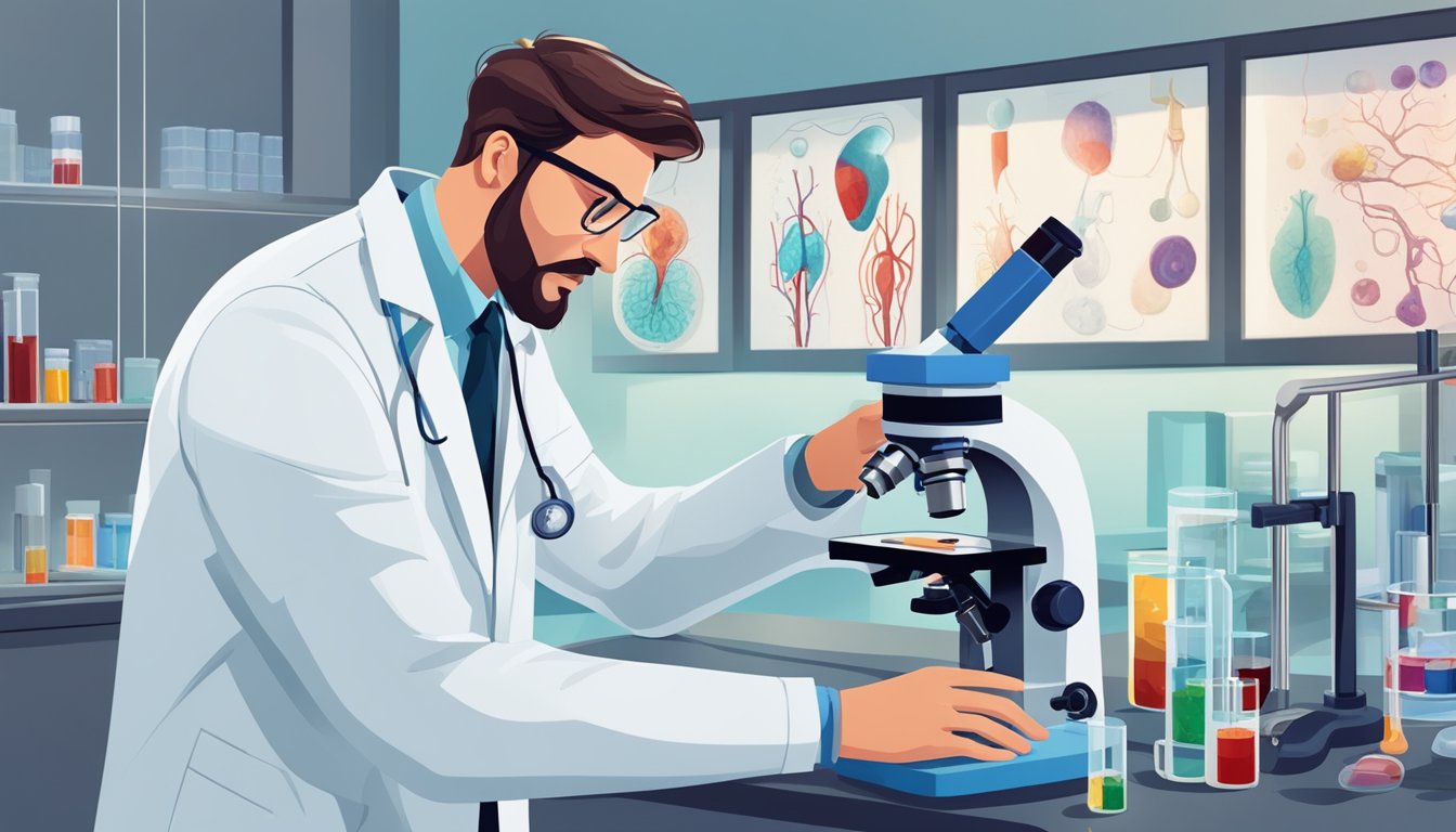 A doctor in a white lab coat stands next to a microscope, examining a blood sample on a glass slide. The room is filled with medical equipment and posters depicting the human circulatory system