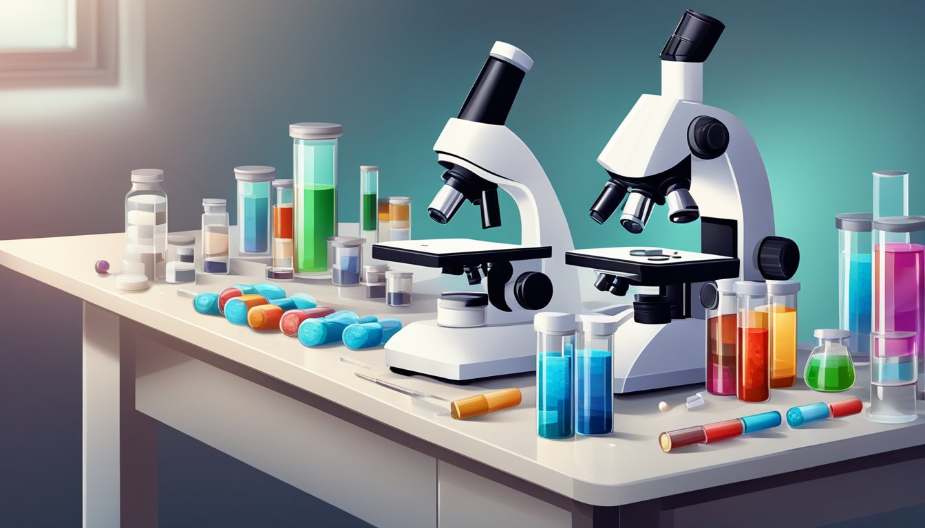A microscope with blood samples, test tubes, and medical equipment arranged on a laboratory bench