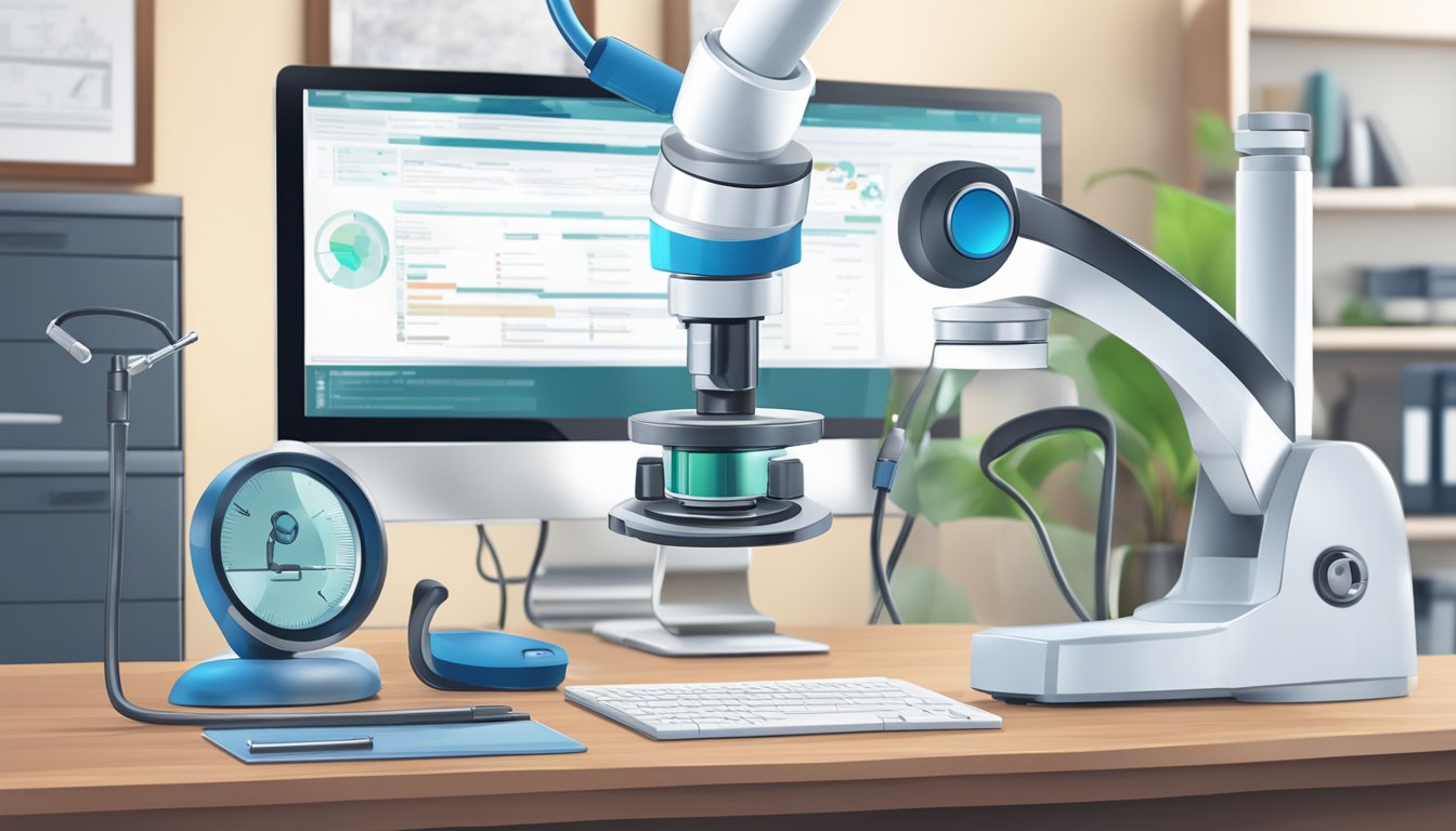 A stethoscope and a microscope on a desk with a computer screen displaying positive customer reviews for a haematology medical service