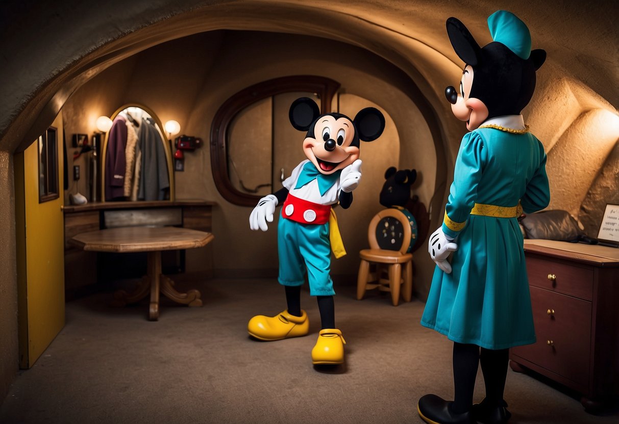 Mickey Mouse's secret dressing room, filled with colorful costumes and props. A hidden tunnel leads to the main stage, where performers practice their routines