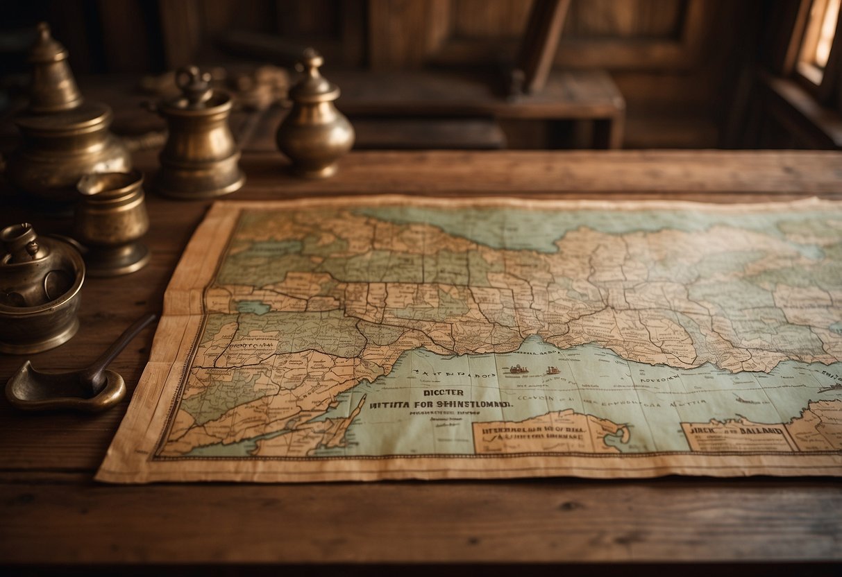 A dusty old map lies open on a wooden table, revealing hidden treasures and secret passageways in the wild west town of Frontierland