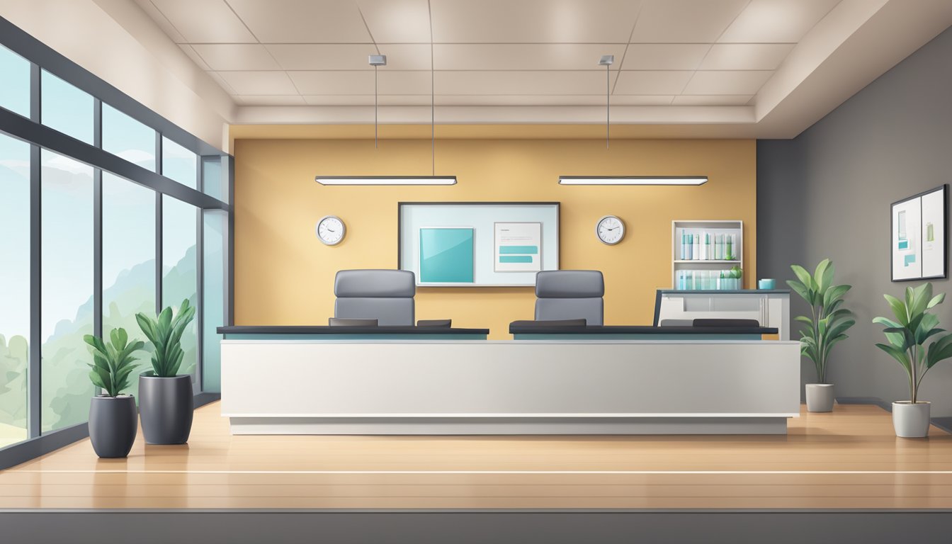 A modern medical concierge office with sleek furniture and a calming color scheme. A reception desk with friendly staff, and a waiting area with comfortable seating