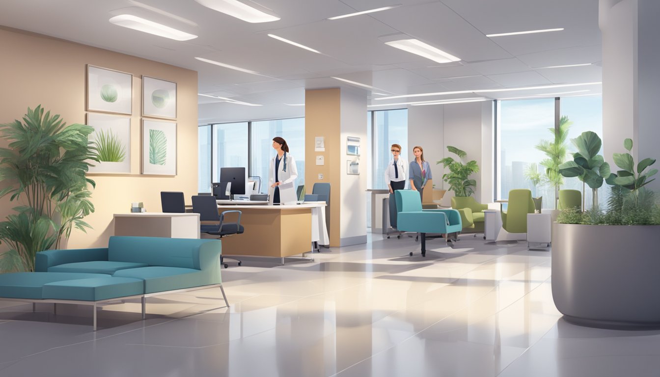 A modern office with sleek furniture and medical equipment. A receptionist greets clients, while doctors and staff attend to patients