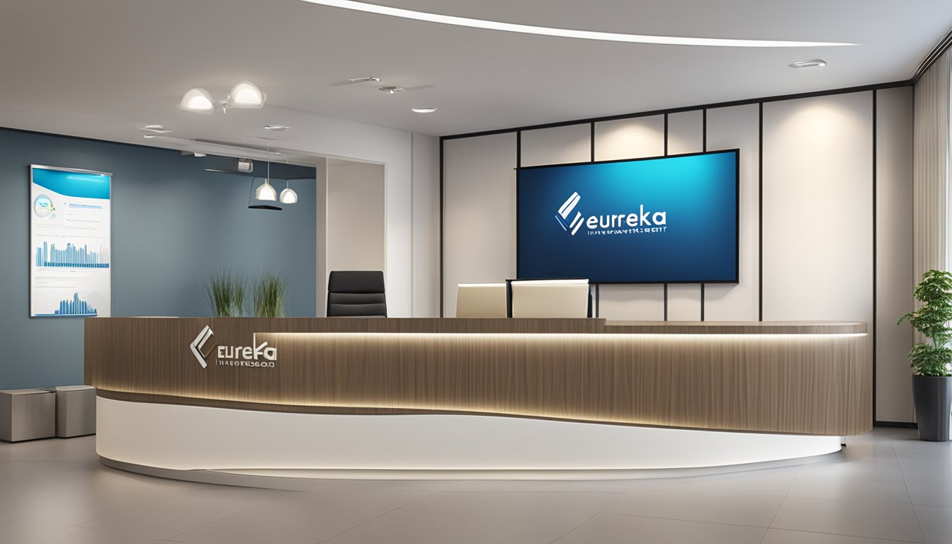 A modern office with sleek furniture, a reception desk, and a large logo of Eureka Investment Group - Medical Concierge SG displayed on the wall