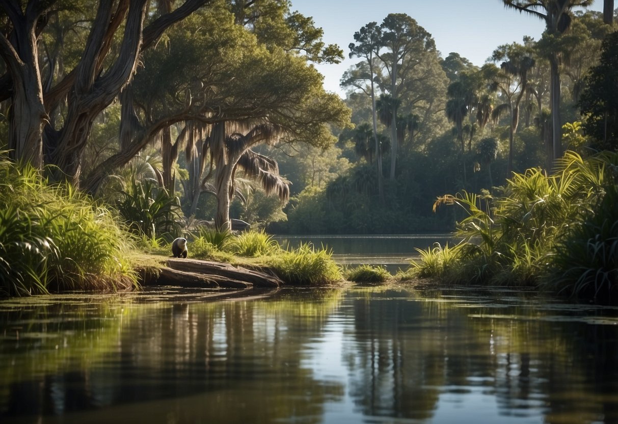 Lush greenery surrounds a crystal-clear pond, where a family of otters playfully swims. In the distance, a majestic bald eagle soars above the treetops, showcasing the natural beauty of Disney World's conservation efforts