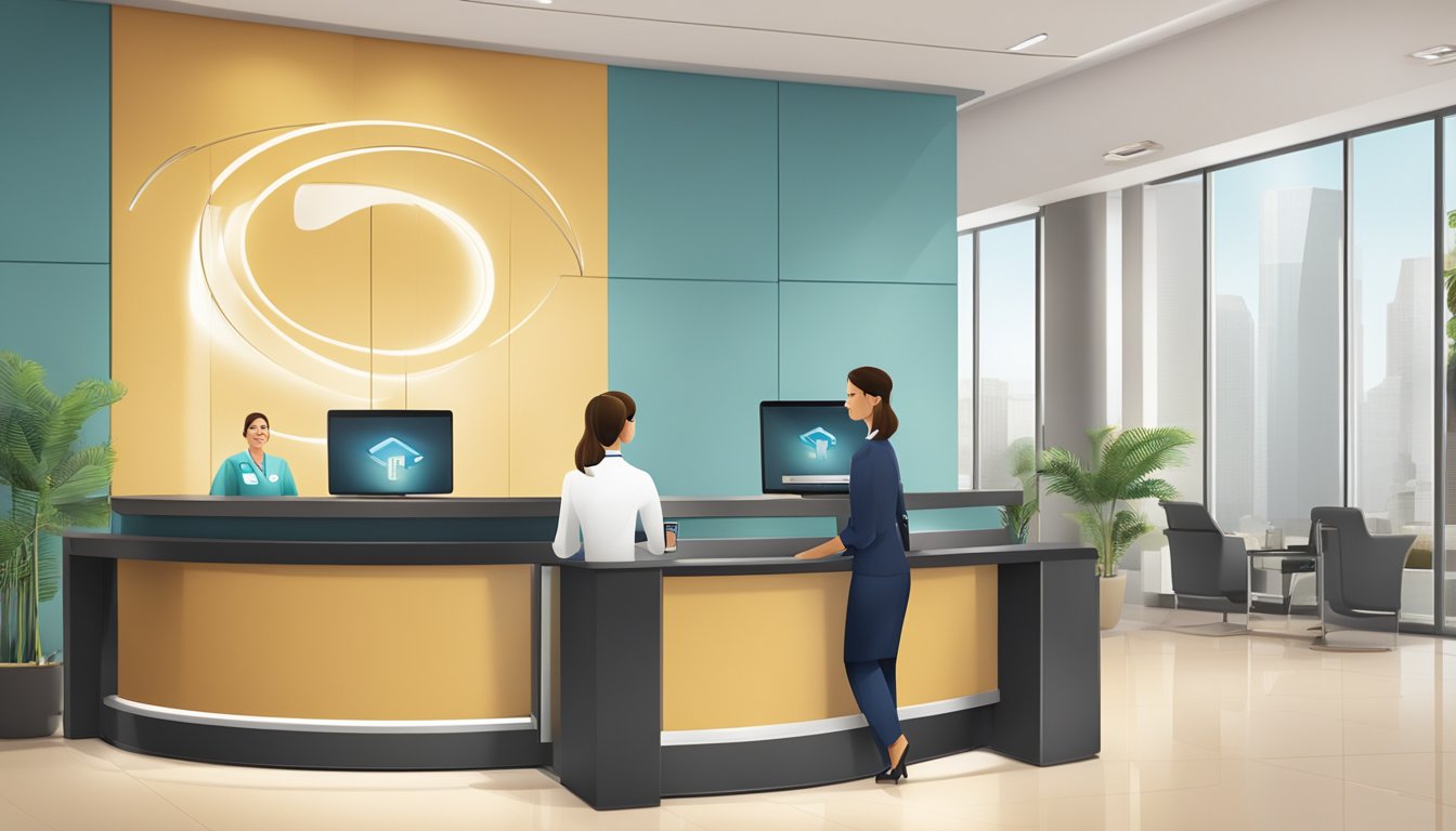 A modern medical concierge desk with a sleek, minimalist design and a professional atmosphere. A computer screen displays the company logo and a friendly receptionist assists a client
