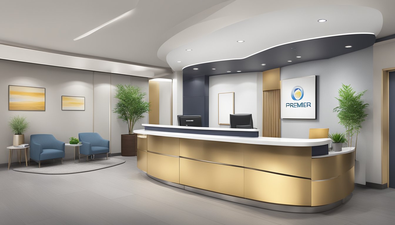 A modern medical concierge service office with sleek furniture and a welcoming reception area. The logo "PREMIER THE ONEcierge" is prominently displayed