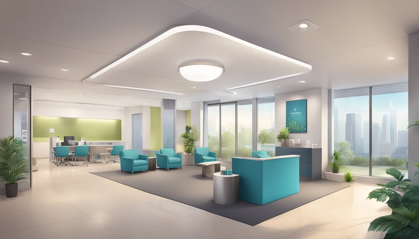 A modern, clean medical concierge office with a welcoming reception area, comfortable seating, and professional staff assisting clients