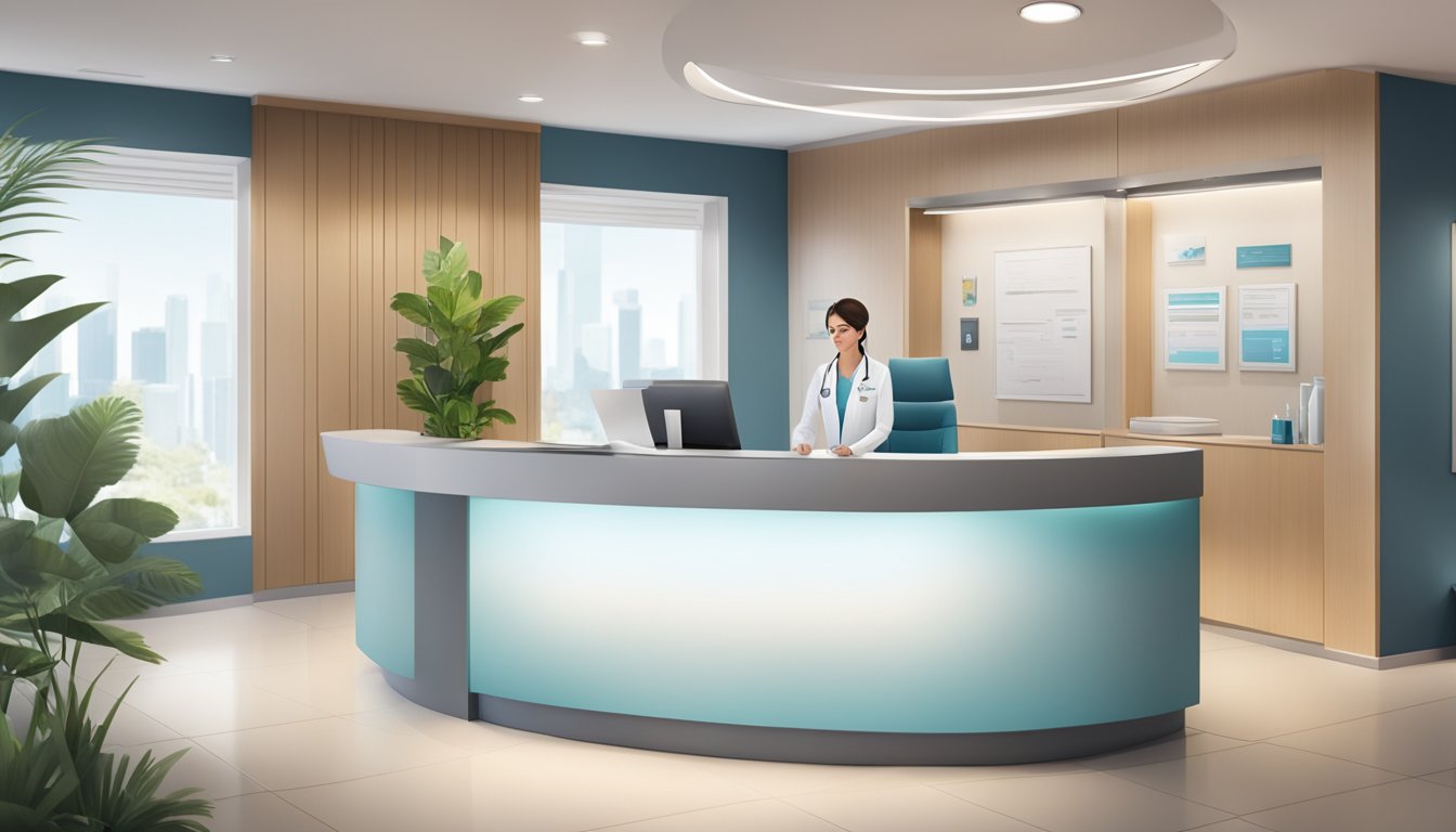 A sleek, modern medical concierge desk with a professional staff member assisting a customer. Clean and organized surroundings with a welcoming atmosphere