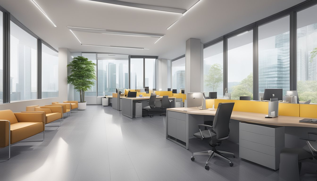 A modern, sleek office with a prominent sign reading "PREMIER THE ONEcierge - Medical Concierge SG." The space is well-lit and inviting, with a professional atmosphere. Opening hours are displayed clearly