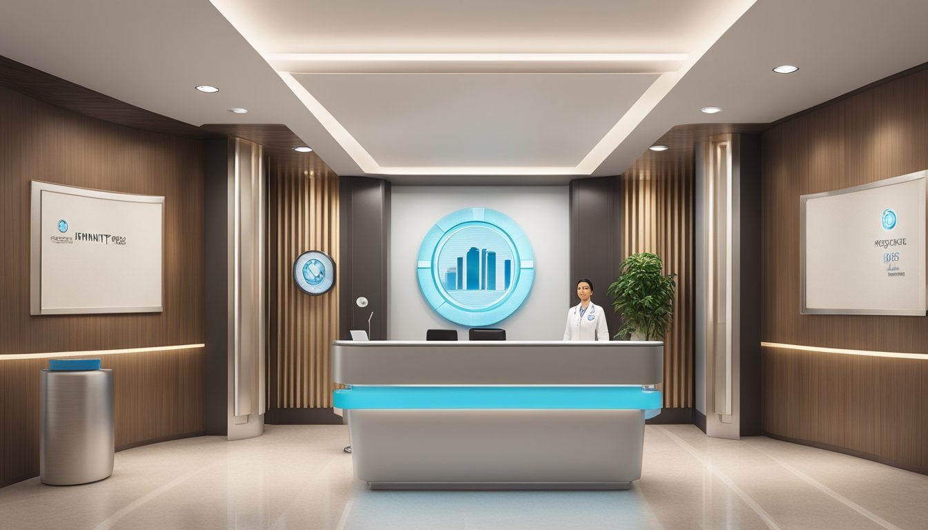 A modern medical concierge desk with sleek design and a welcoming atmosphere, featuring a logo of "Infinity Singapore Medical Pte. Ltd." prominently displayed