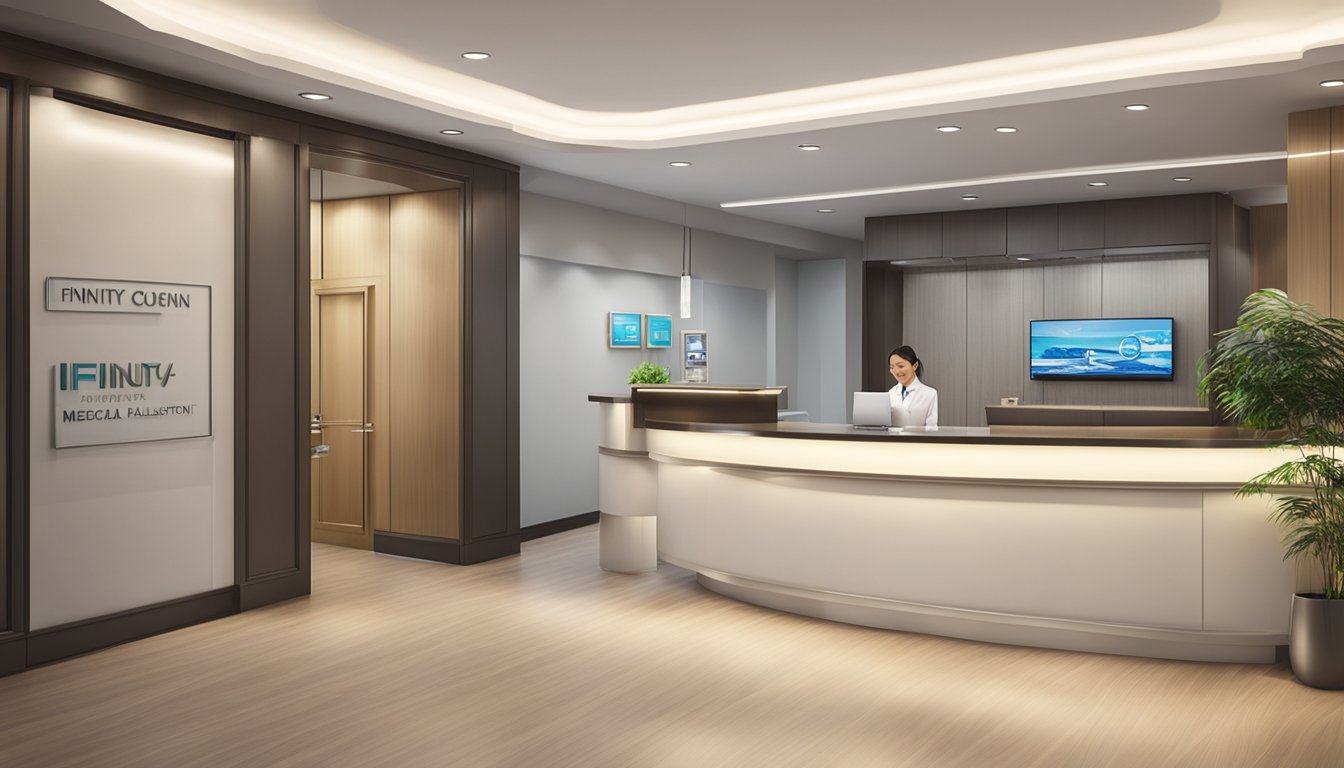 A modern, sleek medical concierge office with a welcoming reception area and state-of-the-art equipment. The logo "Infinity Singapore Medical Pte. Ltd." is prominently displayed