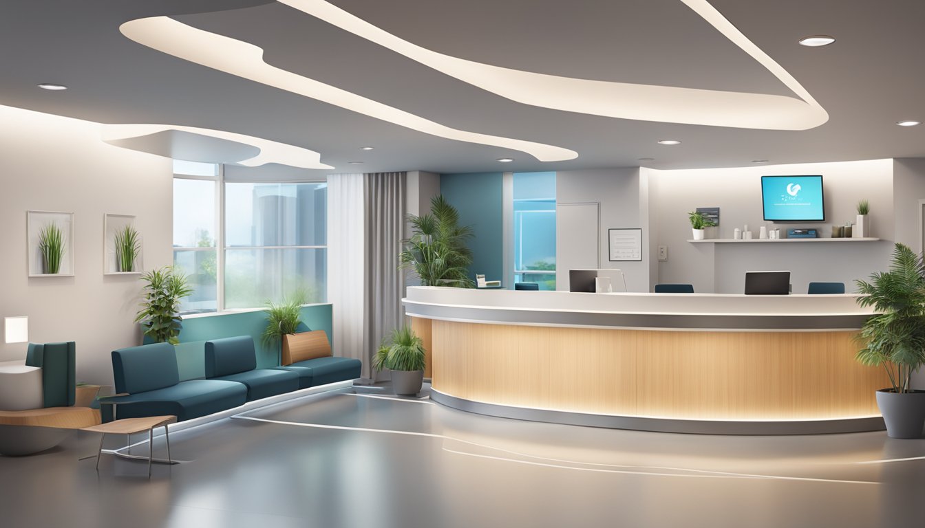A modern, sleek medical concierge office with a welcoming reception area and comfortable seating. A team of professionals assisting patients with care and support