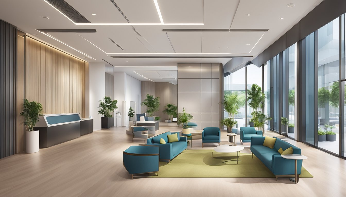 A modern medical concierge facility in Singapore, with sleek design, state-of-the-art equipment, and a welcoming reception area