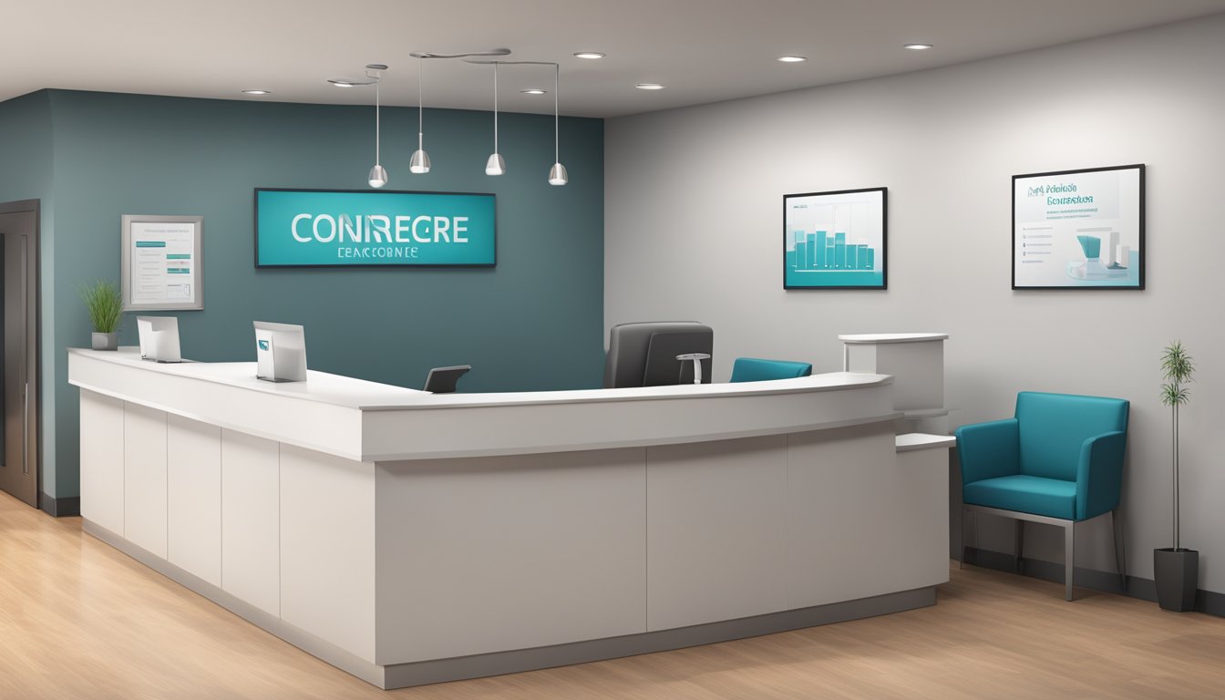 A modern medical concierge office with sleek design, featuring a reception desk and waiting area with comfortable seating. The company name and contact information are displayed prominently. Opening hours are posted on a nearby wall