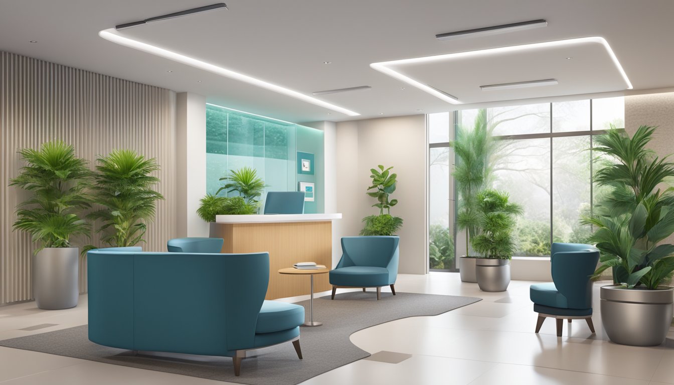 A modern medical concierge office with sleek furniture, a reception desk, and a waiting area with plants and comfortable seating