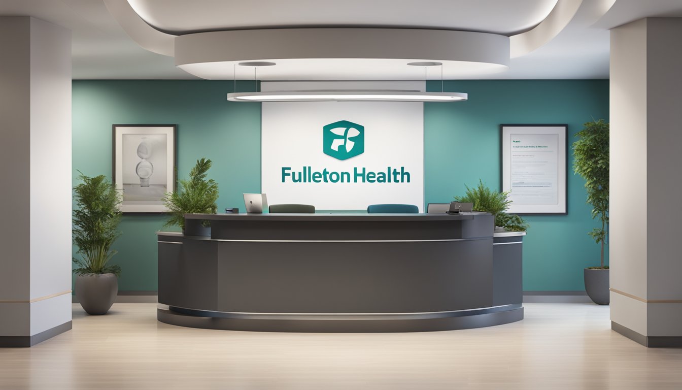 A modern medical concierge desk with a sleek and professional design, featuring a logo of Fullerton Health