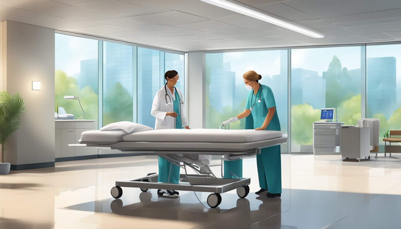 A medical concierge assists a patient in a modern, well-lit hospital setting with a serene and professional atmosphere