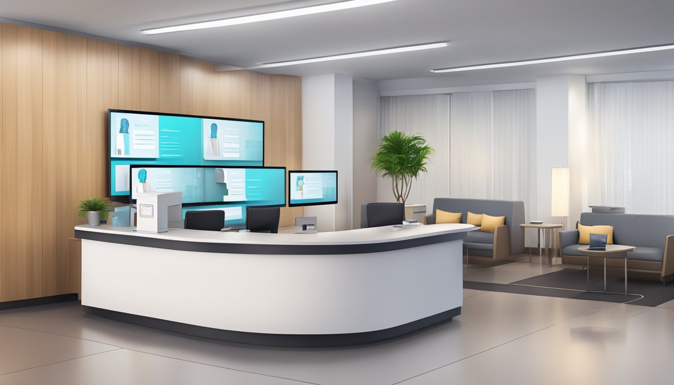A modern, sleek medical concierge desk with a friendly receptionist, computer screens, and comfortable seating for waiting patients