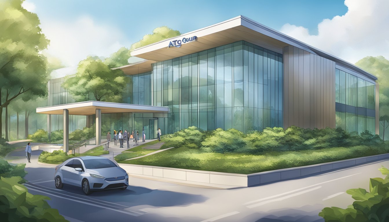 A modern medical facility with sleek architecture and a welcoming entrance. The building is surrounded by lush greenery, with a clear sign displaying "ATG SGmedicaltour."