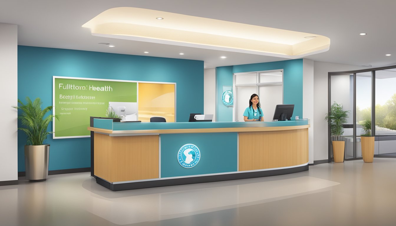 A bright and modern medical concierge desk, with a friendly receptionist ready to assist. The surrounding area is clean and inviting, with the Fullerton Health logo prominently displayed. Opening hours are clearly posted for easy reference