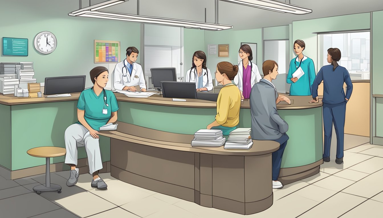 A busy medical concierge desk with patients waiting, staff assisting, and a prominent "Frequently Asked Questions" sign displayed