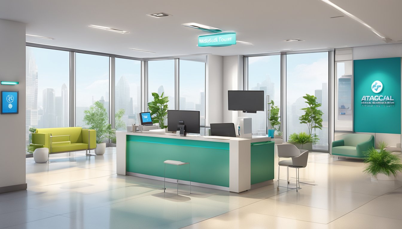 A bright, modern medical concierge office with sleek furniture, a reception desk, and large windows. The logo "ATG SGmedicaltour" is prominently displayed. The opening hours are clearly posted