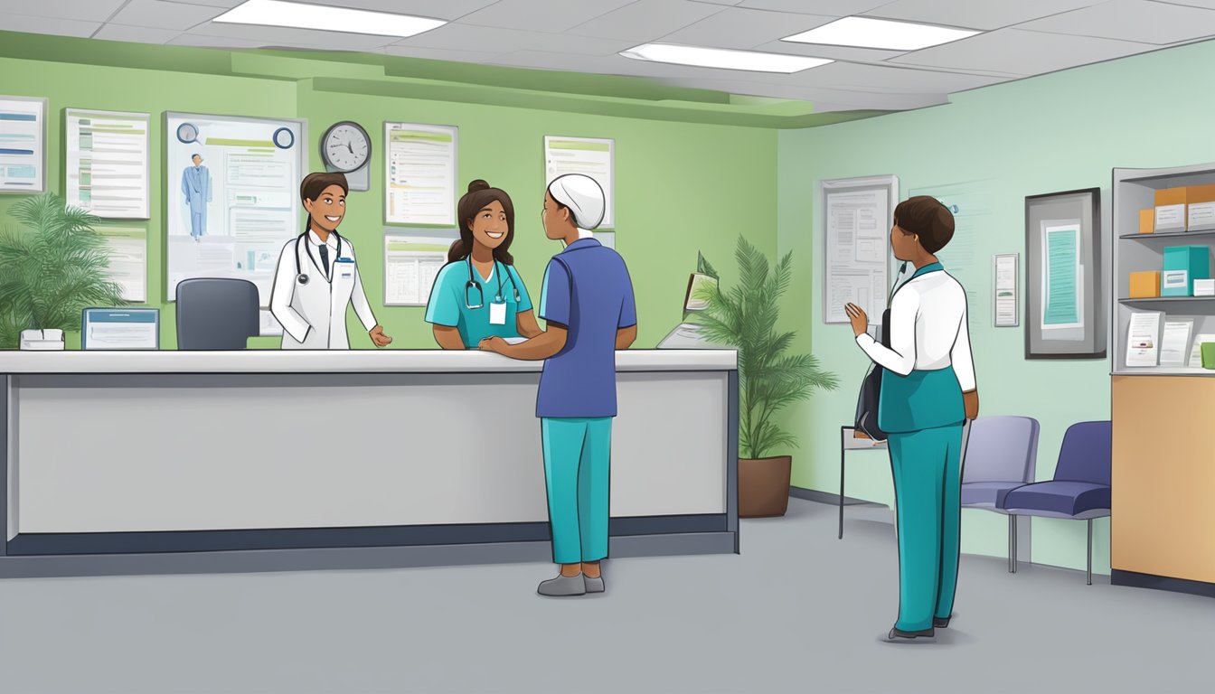 A bustling medical concierge office with a friendly staff assisting patients and a wall display showcasing frequently asked questions
